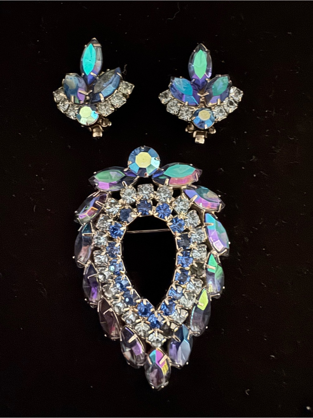 VTG Sarah Coventry by Juliana Blue Lagoon Brooch and Earrings With Ab Rhinestone